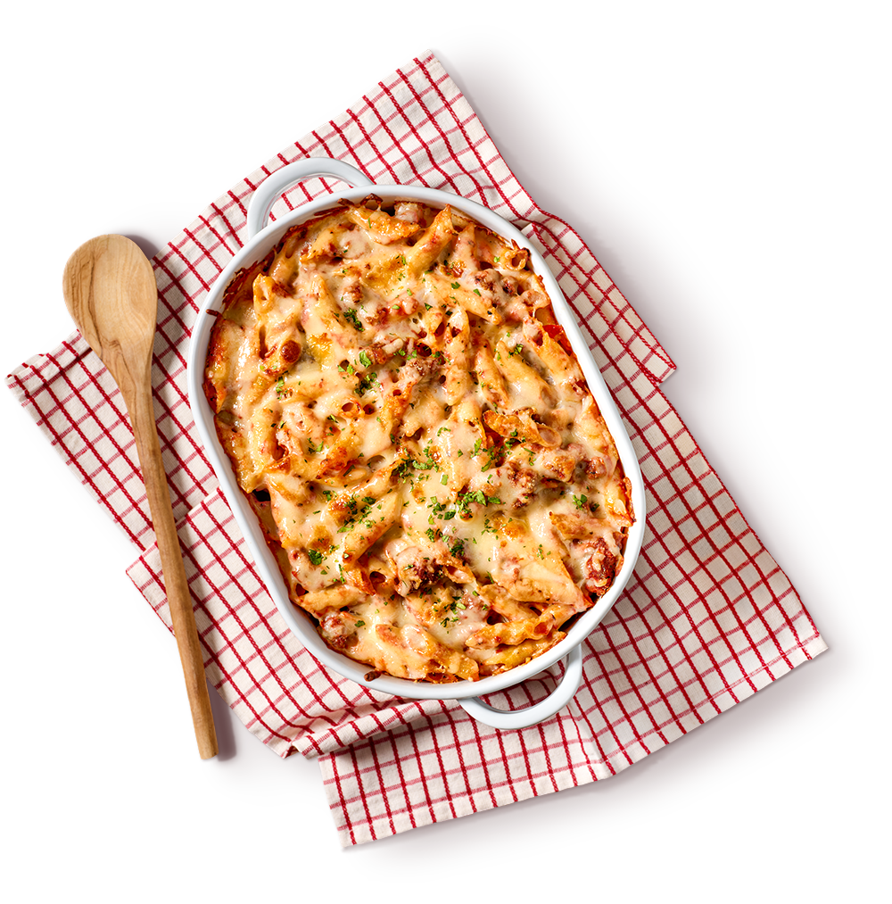 Top view of baked mostaccioli.