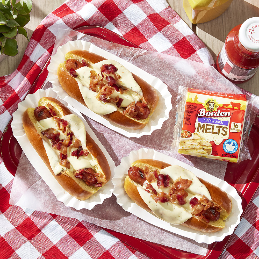 Bacon Pepper Jack Grilled Hot Dogs Borden® Cheese